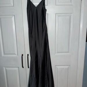 Black V-Neck Mermaid Silver Satin Dress - Elegant Women's Evening Gown